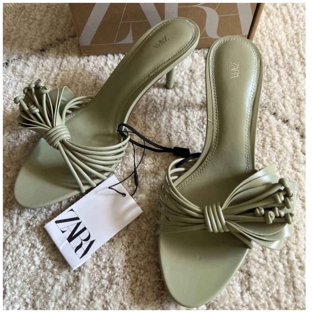 Zara Sage Green Rosette Mule Heels Strappy Sandals NWT - Picture 10 of 16